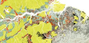 Deforestation and land theft shown as black and orange with protected lands in yellow for northeastern Brazil
