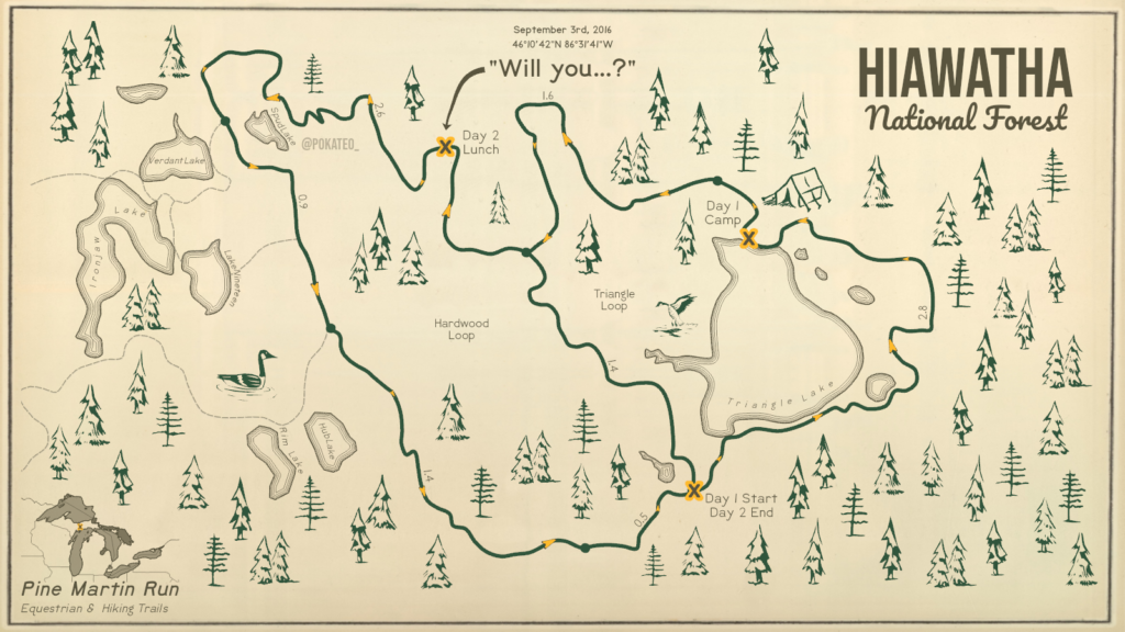 Map of trails through Hiawatha National Forest on a hand-made artistic background.