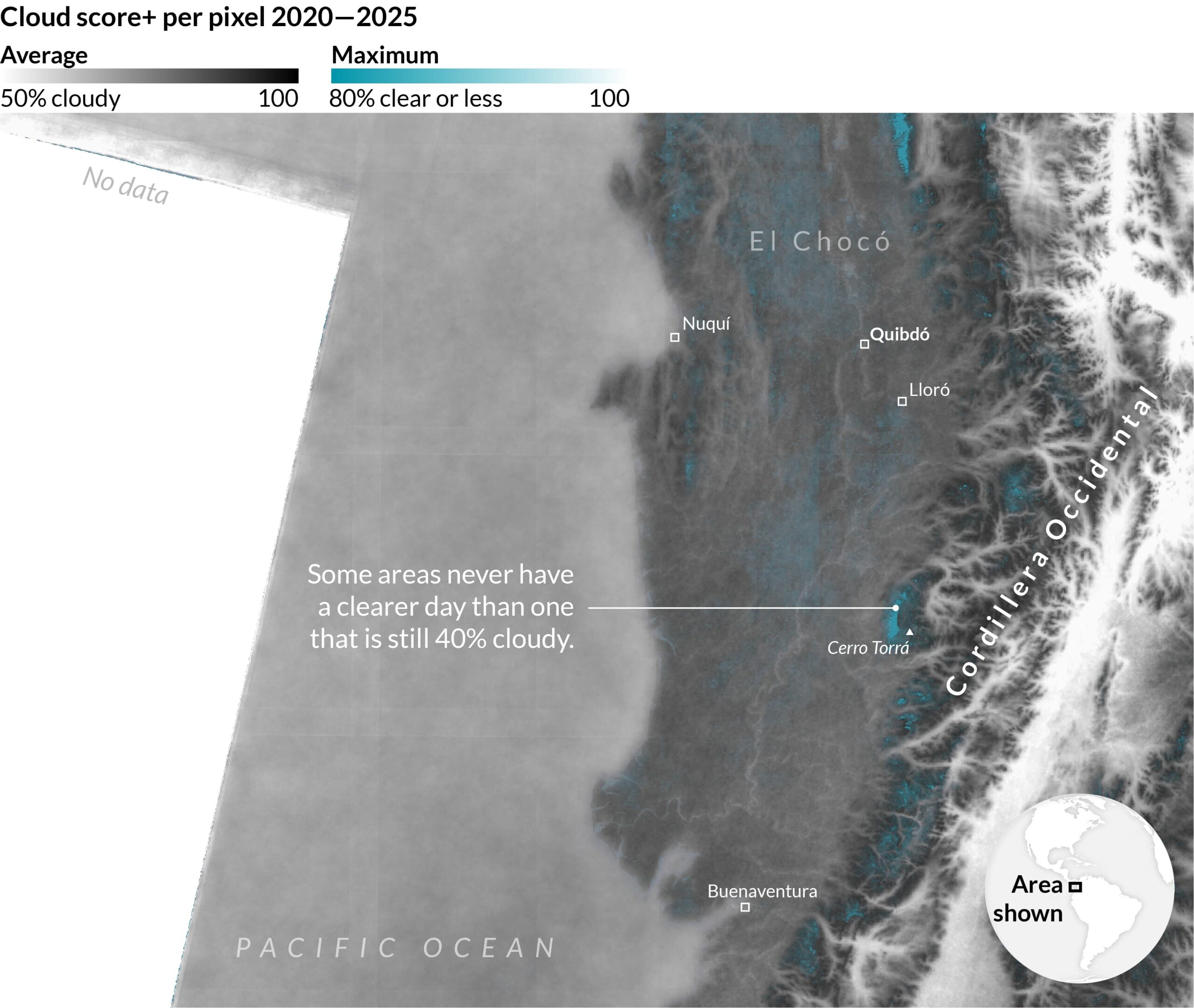 The average cloud score per pixel in grey, and the maximum in blue, so that areas with a high average cloudiness and a low maximum clearness are highlighted.