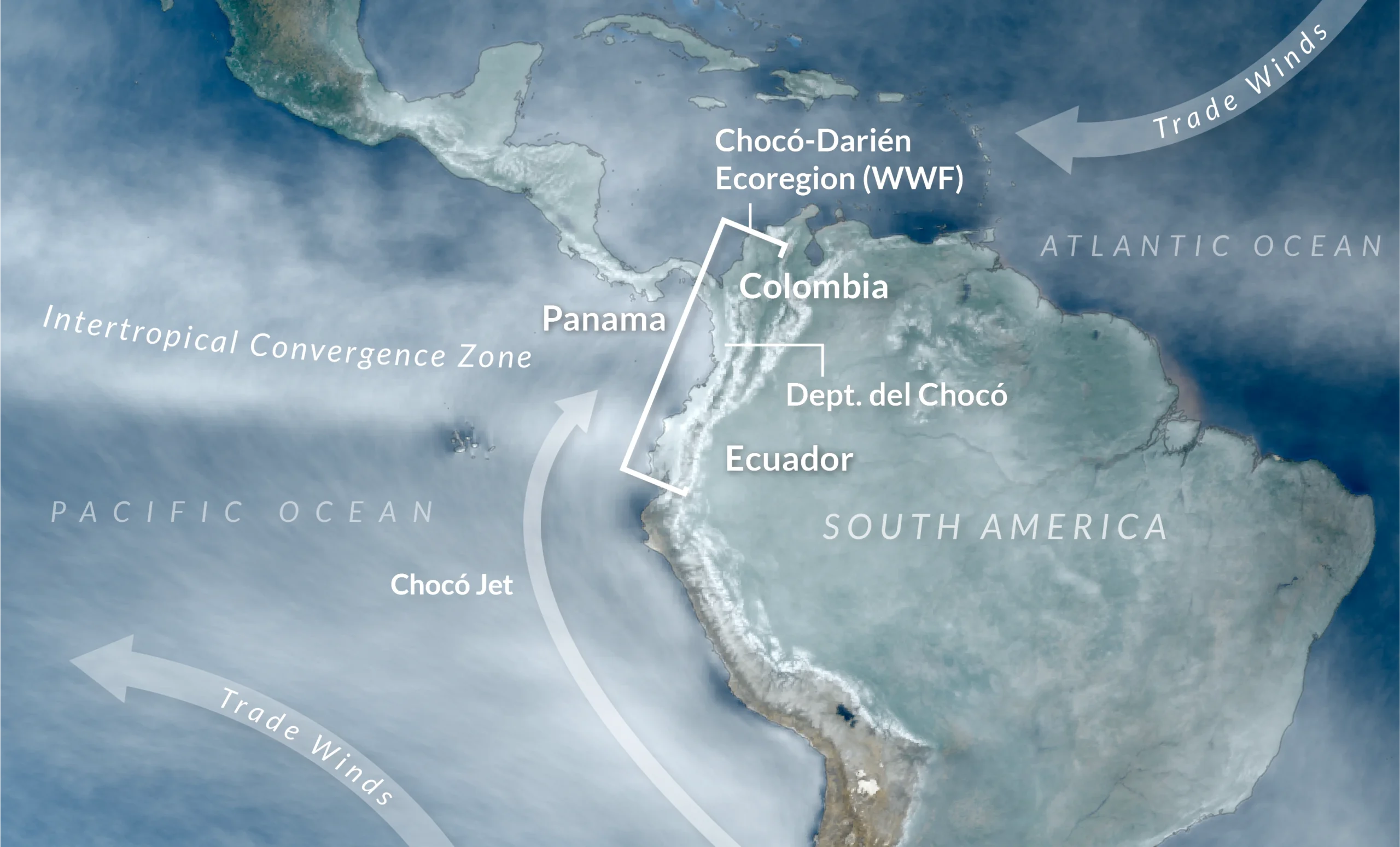 A map showing the various climate factors around the Colombian pacific coast, like the Intertropical Convergence Zone, and the Chocó Jet which combine to make the region so rainy.