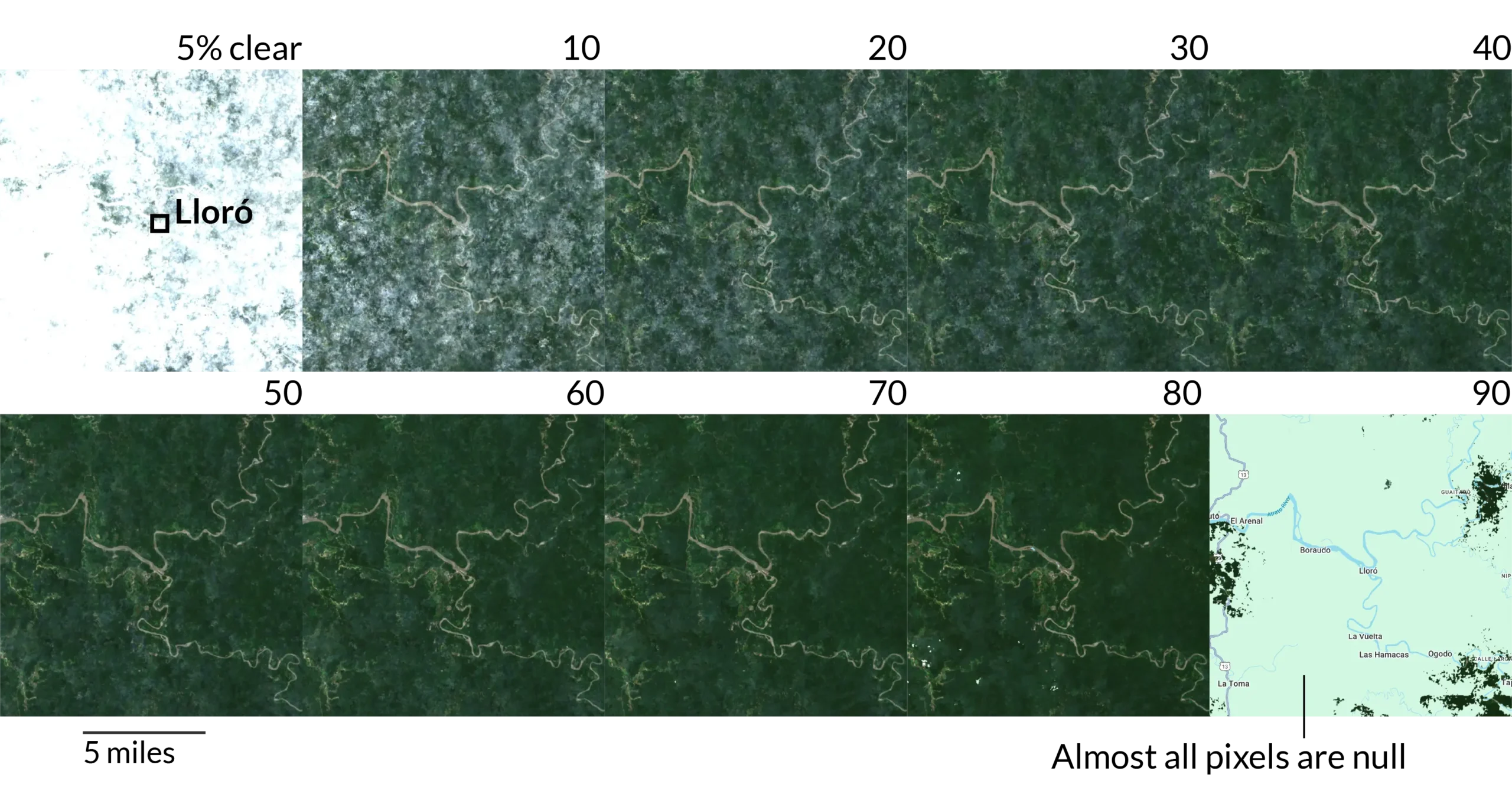 A diagram showing different degrees of cloud cover filtering for the same area of imagery.