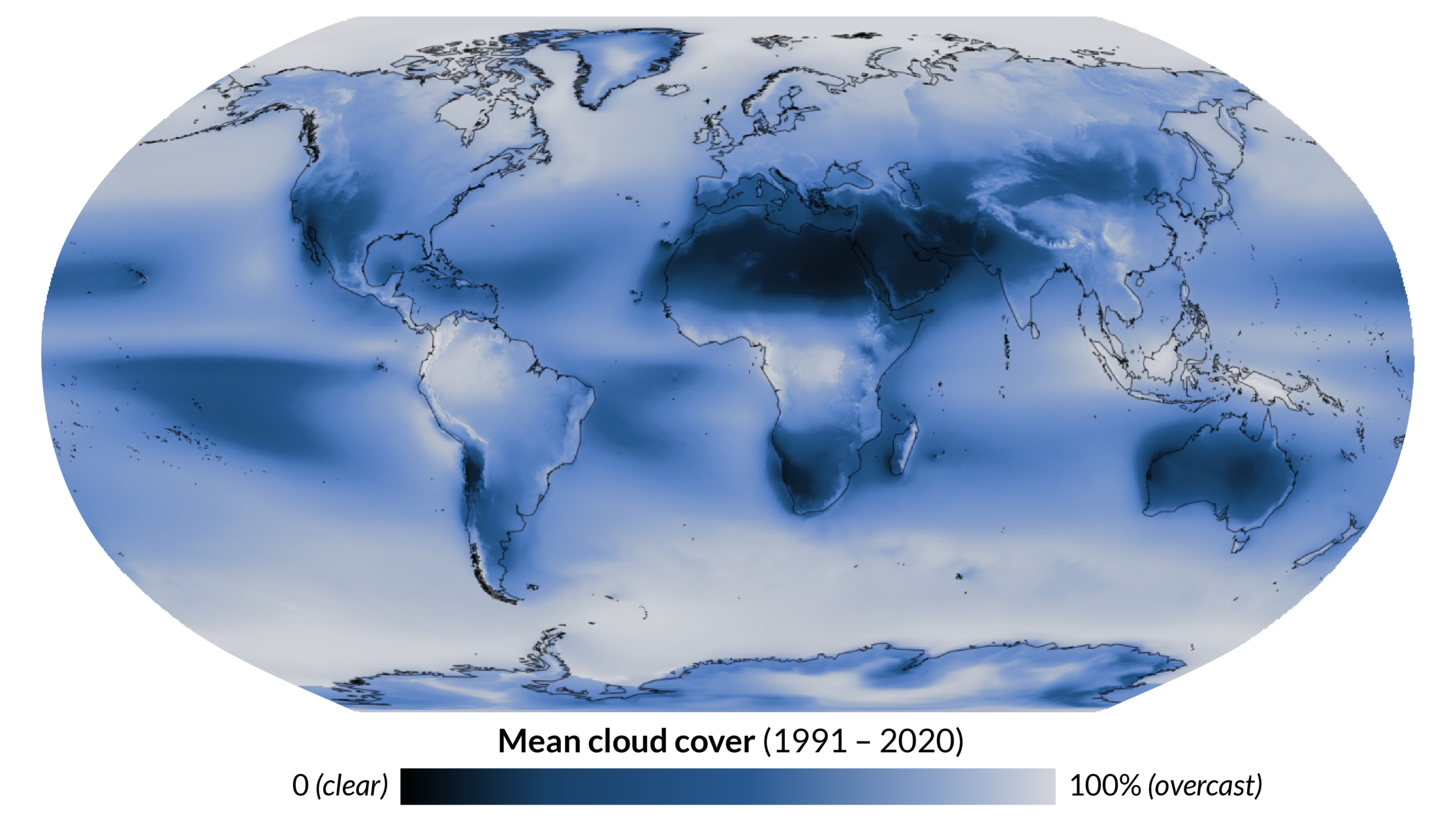 Mean cloud cover over the past 30 years, showing Colombia, western Africa, and Southeast Asia as cloudy areas.