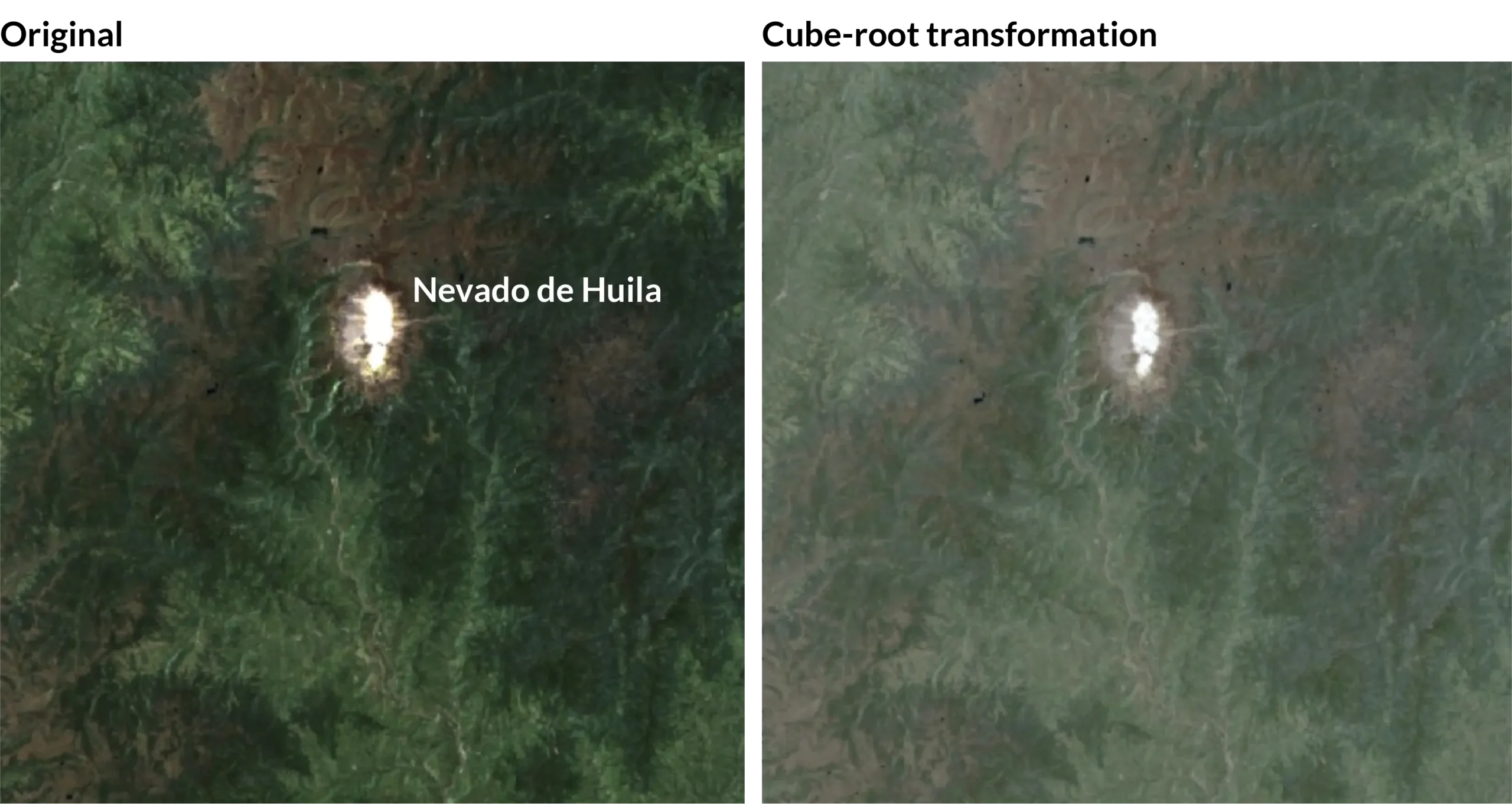 The Nevado de Huila mountain, before (left) and after (right) a cube-root color transformation