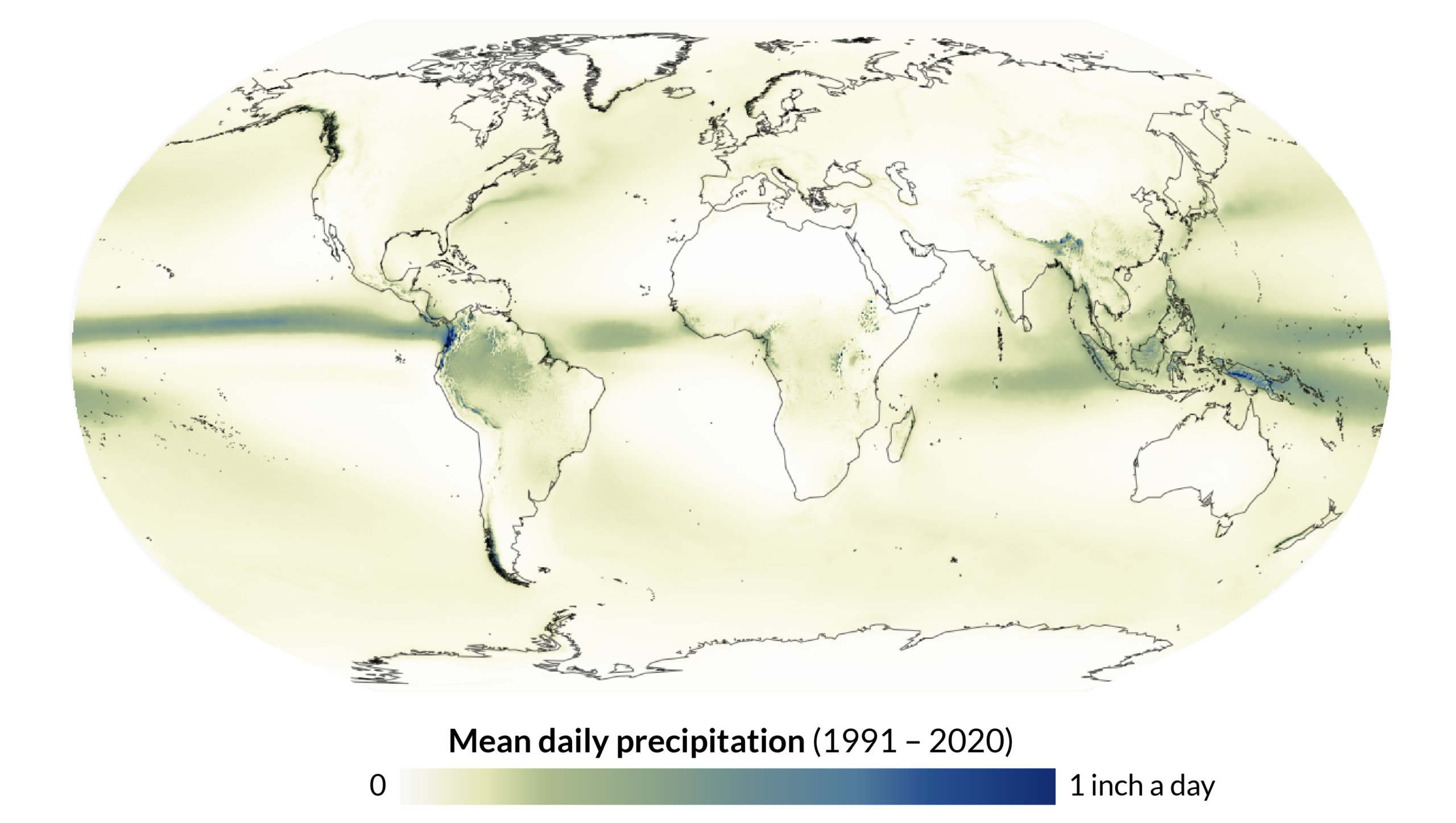 Mean daily precipitation over the past 30 years, showing Colombia and New Guinea as the rainiest places.