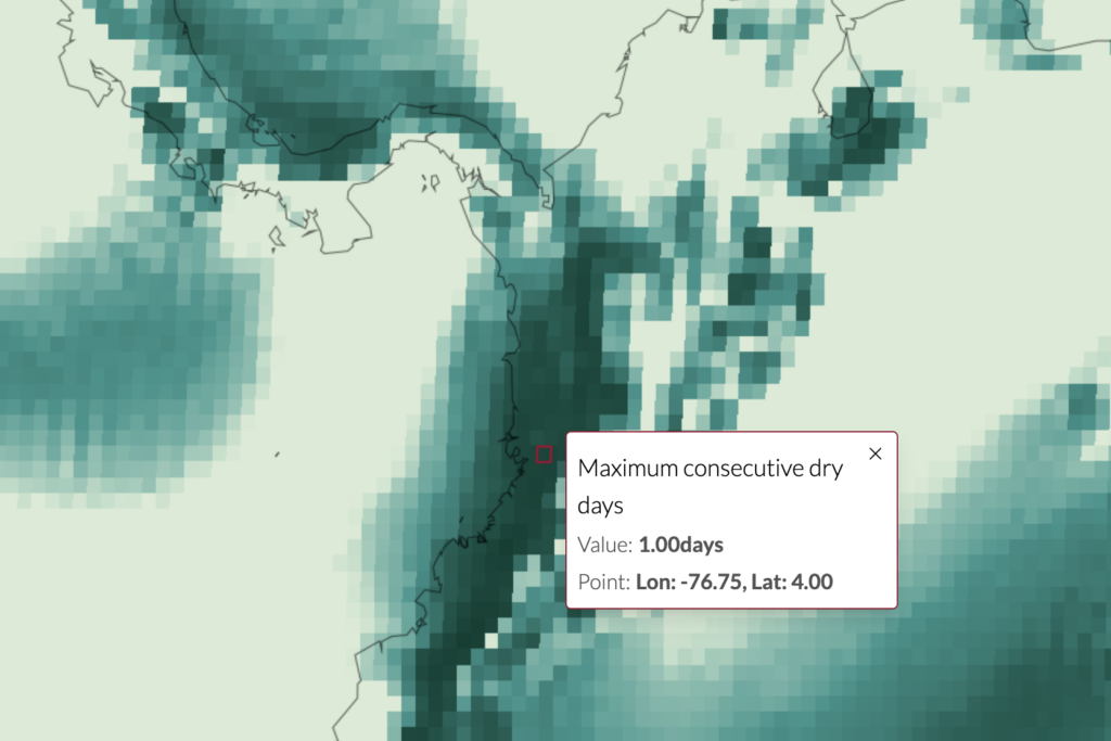 A zoomed-in map of Colombia, showing that some areas only have 1 day total without rain in their records over the past 30 years.