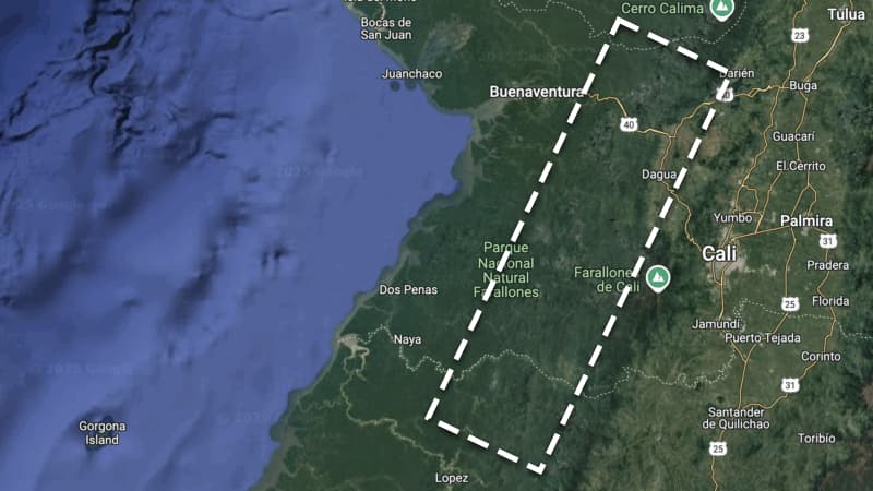 Google maps view of southwestern Colombia with a rectangle from Buenaventura south.
